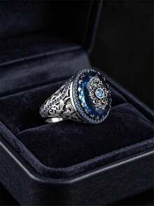 1pc Men's Fashion Ring, Vintage Business Alloy Inlaid Artificial Gemstone Decorative Finger Ring, Suitable For Daily Wear, Gift, Anniversary, Party Jewelry - Blue - View 5