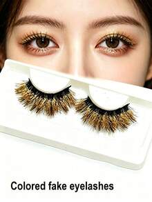1 Pair 3D Colorful Shiny False Eyelashes, Natural-Looking Full Lash Strip, Voluminous Curly Soft Comfortable Eyelashes, Gold And Silver Fake Lashes For Halloween, Holiday, Party, Stage And Gathering - Multicolor - View 2