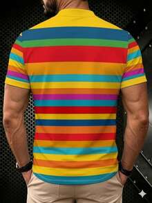 Men's Casual Short Sleeve Henley Collar Rainbow Striped T-Shirt - Multicolor - View 4