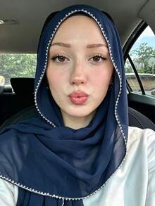 1件女款純色珠飾雪紡長圍巾，輕盈透氣親膚百搭，適合夏季，柔軟垂墜優雅風格，適合日常穿搭 - 多色-串珠邊 - 查看 2