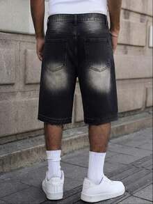Mud Yellow Washed Straight-Leg Cropped Jeans, With Frayed Hem Design, Featuring Distressed And Faded Effect, Vintage Casual Shorts - Black - View 5
