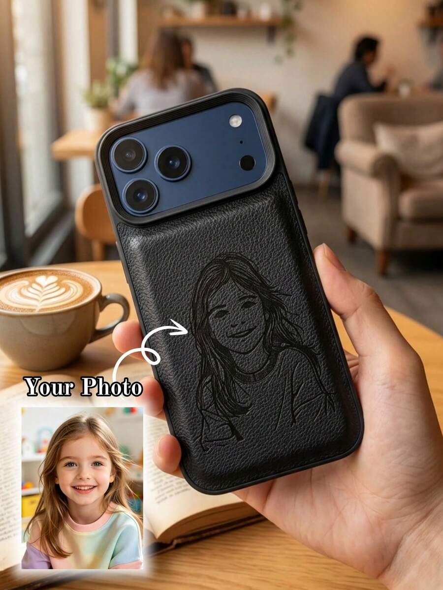 個性化客製線條繪圖設計荔枝紋 PU 皮革手機殼，相容 iPhone 17 16 15 14 13 12 11 Pro Max 與 Plus 系列，鏡頭保護、防震耐磨，UV 列印工藝，手寫刷筆風格，生日與週年紀念完美禮物