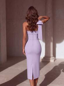 ADYCE Vestido de cóctel de fiesta de longitud media con un solo hombro, unicolor, decoración de lazo, top tubo, abertura y espalda descubierta - Púrpura malva - Ver 2