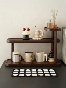 1pc Walnut Wood Desktop Storage Rack, Vintage 3-Tier Display Shelf, Multi-Layer Storage, Kitchen Spice Rack, Lacquered Finish, Retro Texture, Suitable For Displaying And Storing Cups, Mugs, Spice Bottles, Cosmetics, Perfumes And Decorative Items - Walnut - View 3