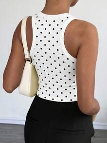 Mystra Summer Minimalist Retro Solid Color Ribbed Versatile Premium Casual U-Neck Tank Top - Black and White Dots - View 9