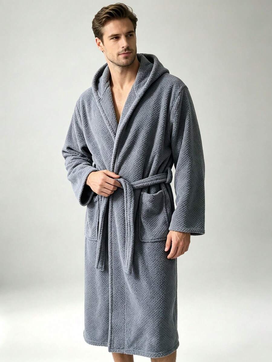1 pieza Albornoz de hombre con capucha color gris, estampado de piña y cuadros, unicolor, cómodo, transpirable, suave, de felpa, absorbente y de secado rápido, largo para uso en casa, adecuado para hogar/spa/hotel/ocio, para todas las estaciones, decoración de baño - Bata de baño con capucha - Piña - Gris - Ver 1