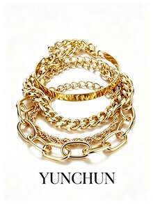 YUNCHUN 4pcs Gold Layered Bracelet Set, Thick Cuban Chain, Paperclip, Twisted, Thin Chain, Smooth Metal Bangle, Minimalist Versatile Commute Metal Jewelry - Gold - View 2