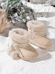 1 Pair Girls' Plush Lace Snow Boots, Non-Slip Thick Sole Children's Winter Warm Boots - Apricot - View 3