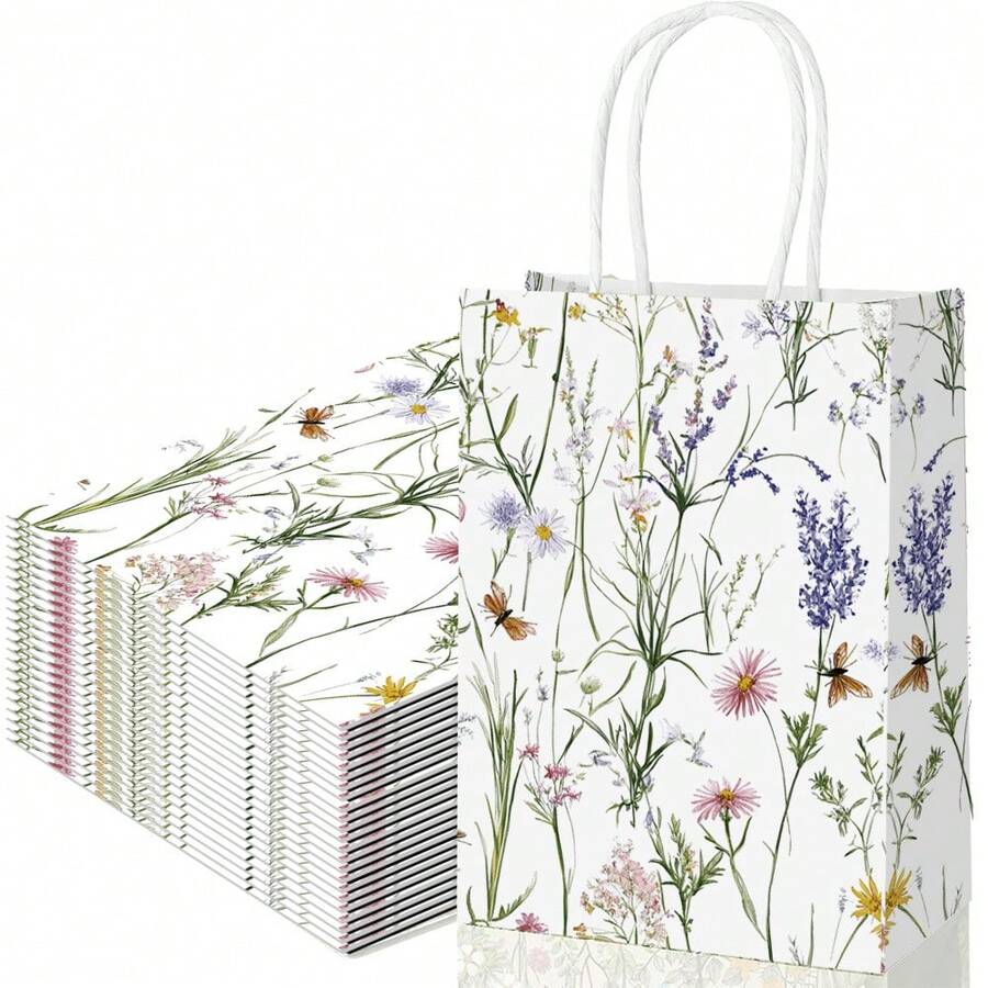 6/12/24Pcs Wildflower Print Paper Gift Bags, Botanical Garden Style White Rectangular Tote Bag Packs With Twisted Handles For Wedding, Birthday, BabyShower, Bridal Shower, Mother's Day, Spring Party Gift Packaging - View 1