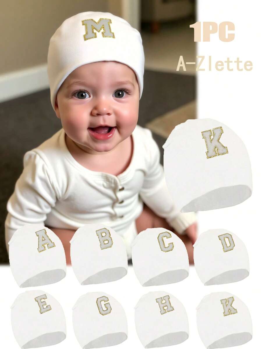 1pc Baby Letter Print Beanie Hat, Newborn Hospital Cap, Suitable For Baby Boys And Girls Daily Warmth And Protection - White - View 1