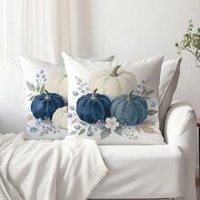 2 Stücke Herbst Minimalistischer Pastoraler Stil Blau & Weiß Kürbis Blumen Kissenbezüge, einseitig Muster, hautfreundliches Pfirsichhaut-Samtmaterial, 45*45CM Kissenbezüge geeignet für Wohnzimmer, Schlafzimmer, Innendekoration, Party, Sofa Dekoration, dekorative Kissenbezüge, Feiertagsgeschenk, ohne Kissenfüllung - Verschiedenfarbig - Übersicht 6