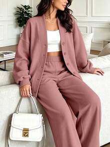 女款休閒粉色兩件套開襟衫與寬腿褲，附鈕扣與口袋，適合春季穿搭，面料微彈 - 粉色 - 查看 1