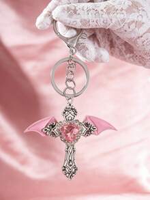 Y2K Gothic Angel Wings Cross Keychain With Rhinestone Heart, Vintage Dark Metal Bag Charm/Pendant, Suitable For Backpacks, Handbags And Car Key Accessories, Unisex Cosplay Party Accessory - Multicolor - View 7