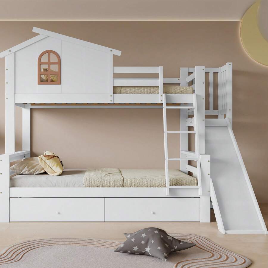 Bed Frame With Windows And Ladder – Kids And Adults Bed - White - View 1