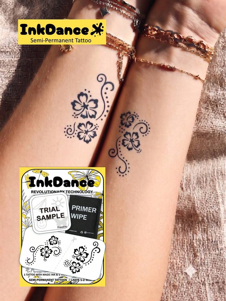 1 Set "Exquisite Hibiscus" Revolutionary Technology Semi-Permanent Tattoo Stickers, Floral Temporary Tattoos, Long-Lasting Color, Women's Realistic Tattoos, Waterproof, Real Tattoo Effect, InkDance, Plant-Based, Gift MNF137 - Black - View 1