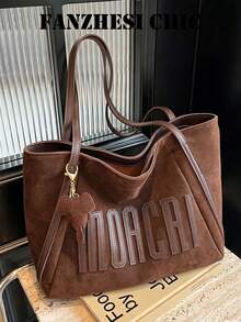 Fashion Solid Shoulder Bag Contrast Leather Letter Applique Detachable Elephant Soft Slouchy Tote Bag For Ladies Daily Workplace Use Large Capacity - Coffee - View 6