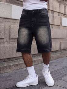 Mud Yellow Washed Straight-Leg Cropped Jeans, With Frayed Hem Design, Featuring Distressed And Faded Effect, Vintage Casual Shorts - Black - View 2