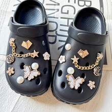16 pièces Accessoires de chaîne dorée petite, papillon, fleur, décoration de chaussures DIY, convient pour les sandales perforées, mode élégante, cadeau pour la petite amie - Doré - Voir 2