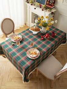 1 pieza Mantel de mesa con borlas para Navidad, mantel rectangular de cuadros vintage americano para mesa de comedor, mantel de mesa de café con ambiente fotogénico, lavable, adecuado para cocina, comedor, sala de estar, fiesta de vacaciones, casa de huéspedes - Verde - Ver 3