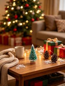 6pcs/1pc-Mini Bottle Brush Christmas Tree With Wooden Base, Christmas Decoration, Artificial Plastic Mini Tree Handmade Decor, Winter Snowy Scene Christmas Table Party Decoration (Green) - Green - View 3