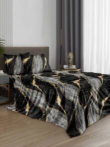 4-Piece Black Marble Pattern Bed Sheet Set, Includes 1 Fitted Sheet, 1 Flat Sheet And 2 Pillowcases, Pillow Inserts Not Included. Fitted Sheet Set, Available Sizes: King, Queen, Full, Twin. Deep Pocket Design, Fits Up To 11.8 Inch Mattress. Soft And Breathable, Wrinkle-Resistant - Black - View 4
