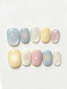 10 Peças Unhas Postiças Curtas Feitas à Mão Multicoloridas, Estilo Doce Macaron Pastel, Degradê Azul Rosa Amarelo, Poá, Padrões 3D de Coração & Estrela para Mulheres e Meninas, Uso em Festivais, Festas e Vida Diária na Primavera, Verão, Outono e Inverno - Multicolorido - Visão 1