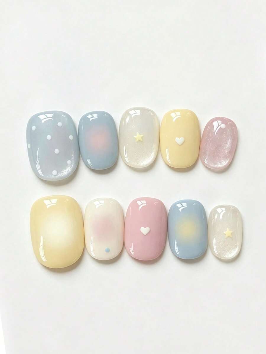 10 Peças Unhas Postiças Curtas Feitas à Mão Multicoloridas, Estilo Doce Macaron Pastel, Degradê Azul Rosa Amarelo, Poá, Padrões 3D de Coração & Estrela para Mulheres e Meninas, Uso em Festivais, Festas e Vida Diária na Primavera, Verão, Outono e Inverno - Multicolorido - Visão 1