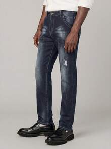 Men's Dark Wash Distressed Slim Fit Tapered Leg Jeans, Skinny Ankle Jeans - Blue Black - View 2