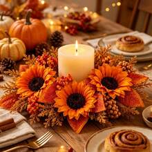 Halloween Candle Rings Wreaths Artificial Sunflower Home Table Centerpieces - Orange - View 5