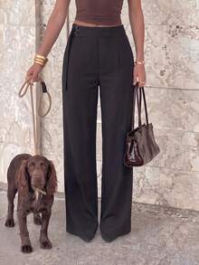 Women's Elegant High Waist Double Ring Buckle Pleated Wide Leg Suit Pants - Black - View 3