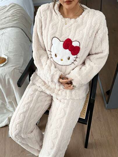 SANRIO 2pcs/Set Women's Winter Hello Kitty Plush Thick Thermal Lined Crew Neck Long Sleeve Long Pants Pajama Set