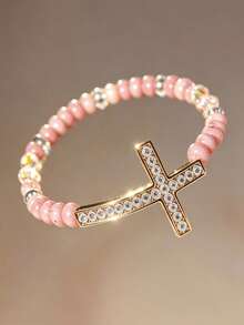 1 buah Gelang Doa Keagamaan Salib Horizontal Kristal & Berlian Imitasi untuk Wanita, Perhiasan Penghilang Stres Kristal Buatan - Baby Pink - View 10
