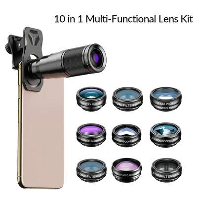 Kit de lentes universal 11 en 1 para teléfono APEXEL: Zoom teleobjetivo 22X + Gran angular 0.63X & Macro 15X + Ojo de pez 198° & Filtros creativos, Compatible con todos los smartphones