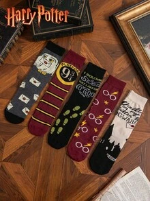 Warner Bros 5 Pairs Women's Autumn/Winter Socks, Harry Potter Magic School Element Print With Owl, School And Cartoon Design, Versatile Couple Style, Halloween Gift And Outfit Choice - Multicolor - View 6