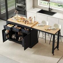 Rolling Kitchen Island, Extendable Dining Kitchen Island With Spice Rack And Drawers - Black - View 4