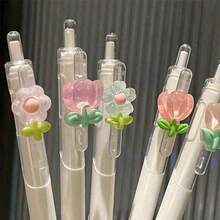 5pcs/2pcs/1pc Transparent Gradient Glitter Tulip Flower Retractable Neutral Ink Pens, Milk White Segmented Barrel With Transparent Clip, 3D Soft Rubber Flower Accessory On Clip, Includes Glitter Tulip And Transparent Flower Designs, Macaron Light Pink And Transparent White Fresh Color Scheme, Retractable Nib Design No Cap Needed, Lightweight Smooth Body, Black Ink For Fluid Quick-Drying Smudge-Free Writing - A - View 4