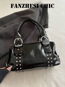 Black Shiny PU Handbag, Silver Rivet Decor D-Ring Adjustable Top Handle Small Shoulder Bag For Street Daily Outfit - Black - View 6
