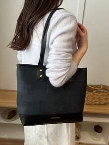 Bolsa Tote Texturizada de Ombro 2026 Nova Moda Executiva, Grande Capacidade, Estilo Coreano Retrô, Bolsa Grande Feminina para Viagem - Preto - Visão 5