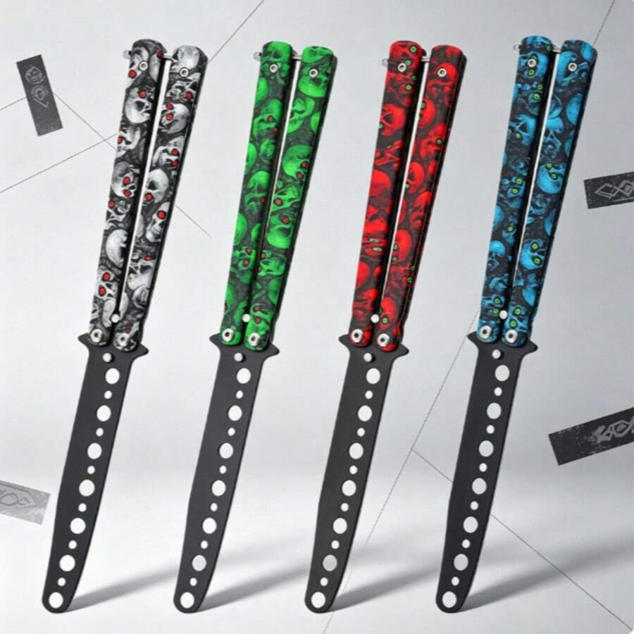 Peripherals Stainless Steel Multi-Hole Butterfly Comb Foldable Beginner Practice Flipping Toy, Cool Skull Print Trainer - EDC Finger Stress Relief Toy, Multiple Colors Available, Non-Sharp Blade