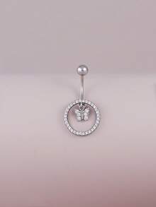 1pc Inlaid Artificial Zirconia Butterfly Pendant Sexy Belly Ring, Suitable For Women's Daily Wear, Dating And Party Matching - Silver - View 5