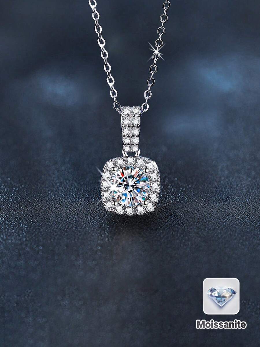 1 pieza Collar colgante de moissanita de 6.5mm 1ct de plata 925 de lujo y moda, adecuado para el uso diario de mujeres, Día de San Valentín, Día de la Madre, aniversario de boda, cumpleaños, Año Nuevo, fiesta, ir al trabajo, regalo de joyería, regalo de aniversario de compromiso - Plateado - Ver 1
