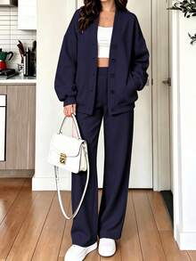2pcs Women's Button-Down Off-Shoulder Slimming Minimalist Streetwear Long Sleeve Sweatshirt Sweatshirt & Wide Leg Pants Set, Athletic Fitness Home Yoga Casual Travel Daily Wear Elegant Lady Style Autumn New 2026 - Navy Blue - View 4