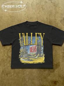 VALLEY Men's Y2K Style Printed (180g Pure Cotton T-Shirt) Pure Cotton T-Shirt - Soft And Breathable, Retro Summer Men's Daily Wear T-Shirt - 黑色 - 查看 1
