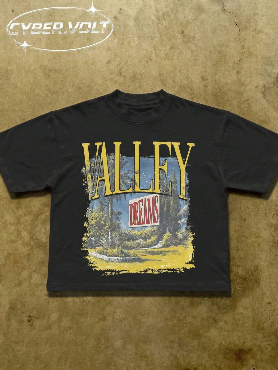 VALLEY Men's Y2K Style Printed (180g Pure Cotton T-Shirt) Pure Cotton T-Shirt - Soft And Breathable, Retro Summer Men's Daily Wear T-Shirt - 黑色 - 查看 1