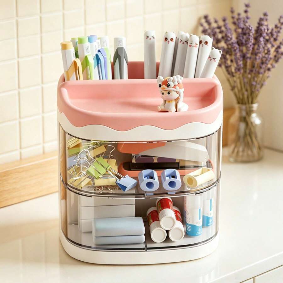 1pc Office Desk Pen Holder, Desk Organizer, Creative Cartoon Storage Box, Makeup Brush Holder, Bathroom Storage Box, Rotating Drawer Desk Organizer