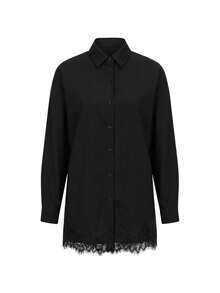 EARO Fashion Women's 2-Piece Black Set, Loose Button-Down Shirt Paired With Elegant Lace Detail Shorts, Non-Stretch Fabric. - Black - View 5