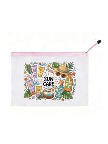 「SUN CARE」印花時尚防水 PVC 沙灘包，彩色字母印花，A4 尺寸，透明化妝包配尼龍拉鍊，適合游泳、潛水與夏季度假，輕量，年輕成人通用，沙灘包配件，旅行必需品，旅行配件，假期必需品，假期旅行包 - 彩色 - 查看 13
