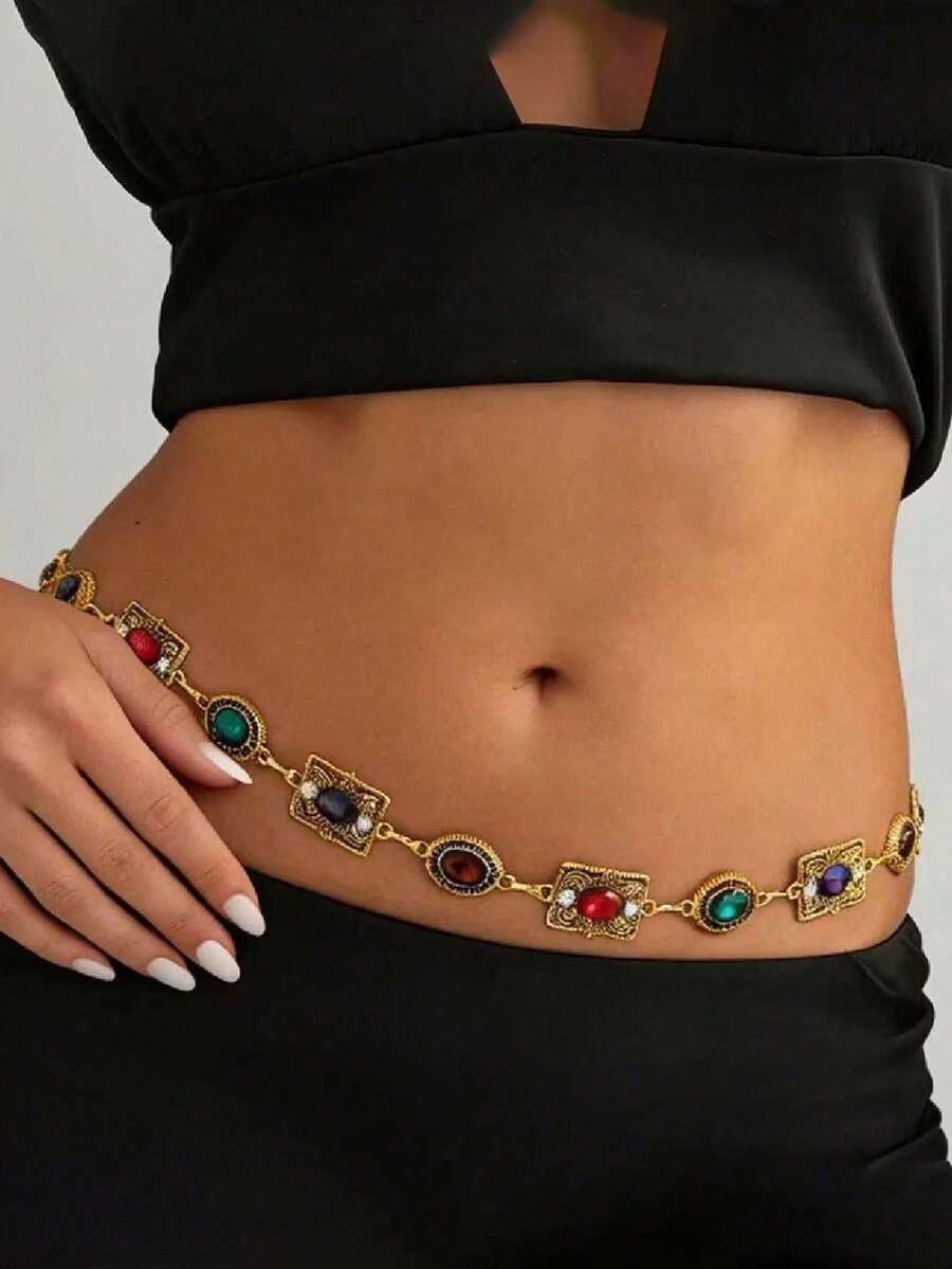 1pc Retro Punk Geometric Square & Oval Gold Metal Chain Body Chain, Fashionable Versatile Accessory For Tops, Dresses, Suitable For Daily Wear, Dances, Parties, Gatherings, And A Great Gift For Her - Gold - View 1