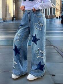 Celana Jeans Wanita Model Y2K Longgar dengan Potongan Lurus, Dihiasi dengan Patch Bintang, Celana Panjang Ukuran Besar Tidak Melar, Potongan Lurus, Kancing dan Resleting. - Biru - View 5