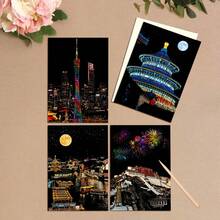 8Pcs Sparkling Metropolis Scratch Art Papers, Scratch Off And Make Your Own Unique Night City View - Black Magic Paper DIY Craft, Stress Relief, Perfect Gift For Birthdays, Thanksgiving & Christmas, Random Style - 8-piece Scratch Paper Art Kit - View 6